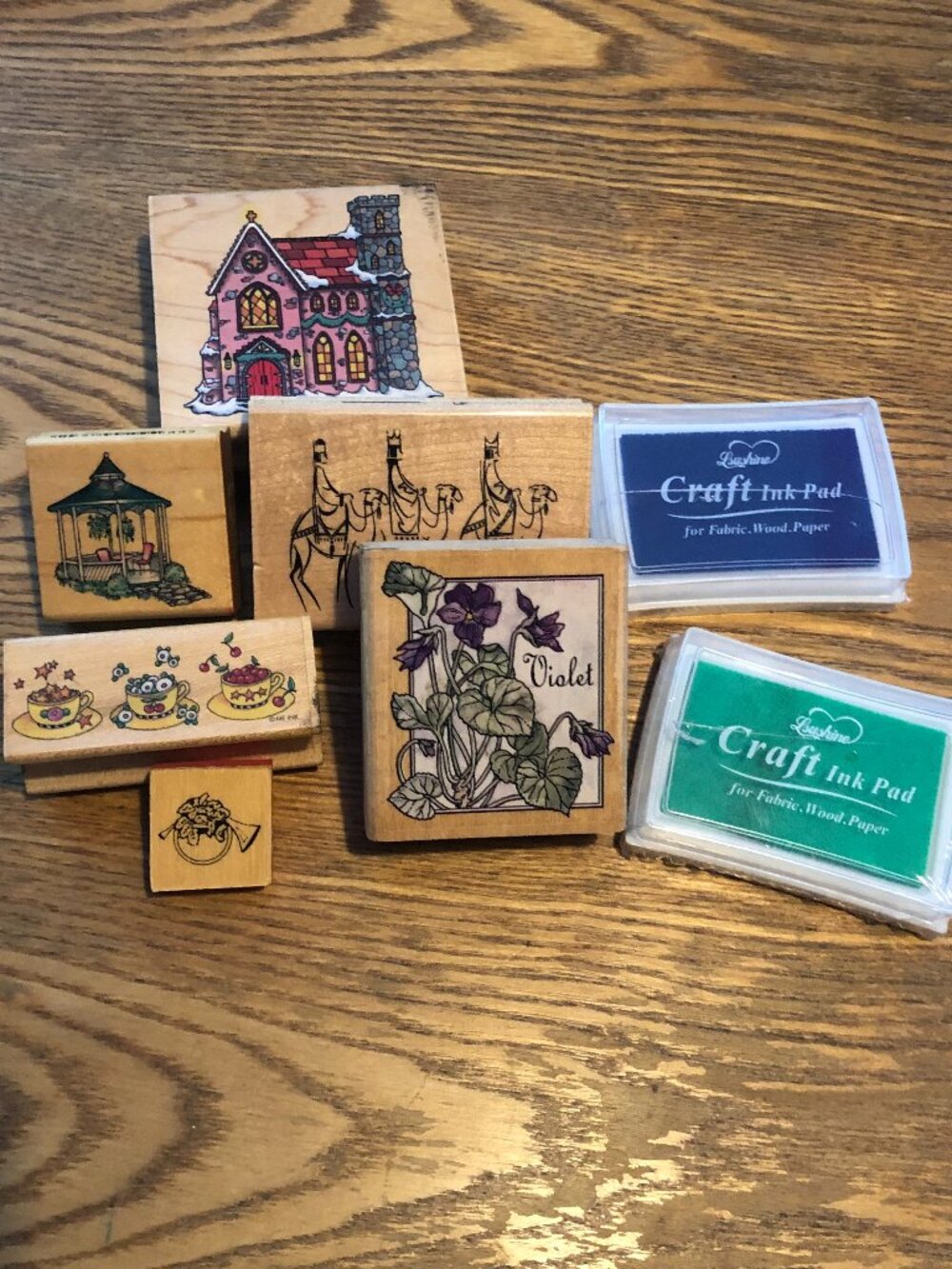 Vintage Christmas Floral Wood Mounted Rubber Stamp LOT - 6 pcs + 2 ink pads